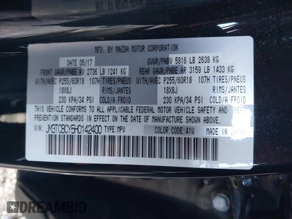 2017 Mazda CX-9 Touring with VIN JM3TCBCY5H0142400, listed as a IAAI auction lot 40987166 with 118,000 mi miles. Bid and sale history available at carsss.com. Image 9.