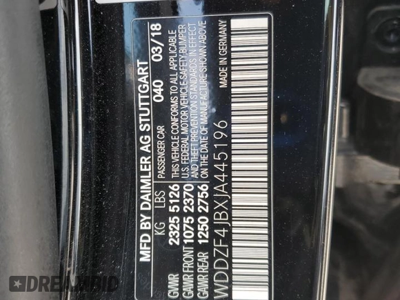 2018 Mercedes-Benz E-Class E 300 with VIN WDDZF4JBXJA445196, listed as a Copart auction lot 53596555 with 0 mi miles and Salvage Title. Bid and sale history available at carsss.com. Image 12.