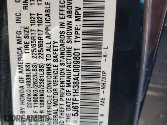 2010 Honda Accord Crosstour EX with VIN 5J6TF1H38AL009801, listed as a Copart auction lot 66183944 with 277,286 mi miles and Salvage Title. Bid and sale history available at carsss.com. Image 12.