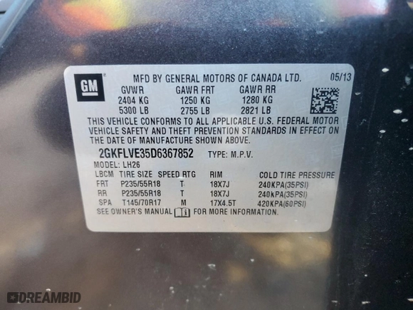 2013 GMC Terrain SLT with VIN 2GKFLVE35D6367852, listed as a Copart auction lot 43443945 with 123,841 mi miles and Clean Title. Bid and sale history available at carsss.com. Image 12.