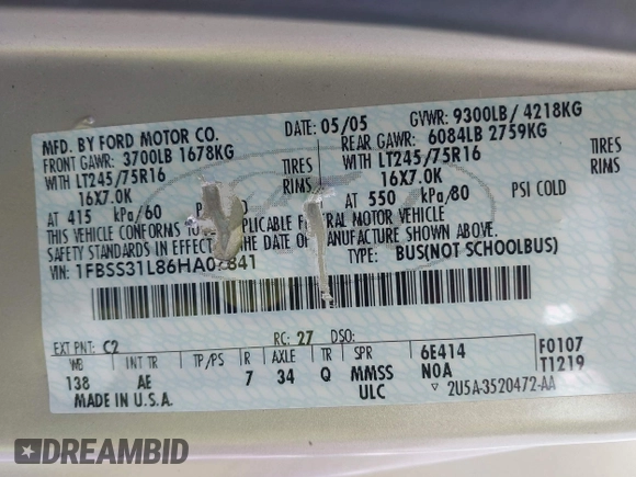 2006 Ford Econoline Passenger XL with VIN 1FBSS31L86HA07841, listed as a IAAI auction lot 42398151 with Not provided miles and . Bid and sale history available at DreamBid. Image 9.