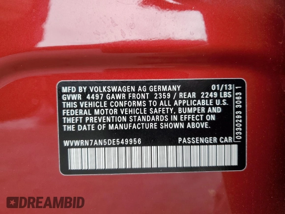 2013 Volkswagen CC Lux z VIN WVWRN7AN5DE549956, wystawiony jako Copart lot #46212215 z przebiegiem 86 892 mil mil oraz Szkoda całkowita • Salvage title. Historia ofert i sprzedaży dostępna na DreamBid. Obrazek 14.