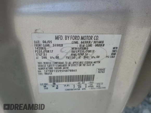 2005 Ford F-150 XL with VIN 1FTRF12295NB78865, listed as a Copart auction lot 66308814 with 237,737 mi miles and Clean title. Bid and sale history available at DreamBid. Image 12.