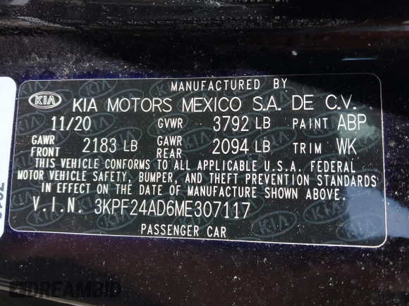 2021 Kia Forte LXS with VIN 3KPF24AD6ME307117, listed as a IAAI auction lot 42204377 with 52,364 mi miles and . Bid and sale history available at DreamBid. Image 9.