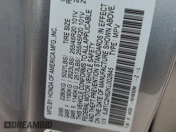 2019 Acura RDX w/A-Spec Pkg with VIN 5J8TC2H62KL002845, listed as a Copart auction lot 53286695 with 37,863 mi miles and Salvage Title. Bid and sale history available at DreamBid. Image 13.