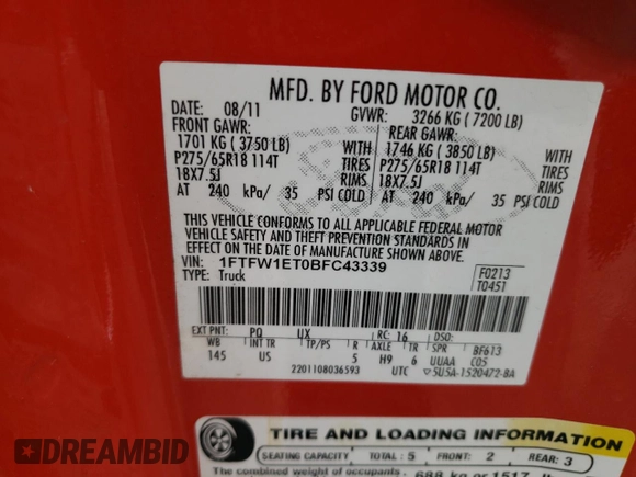 2011 Ford F-150 XLT z VIN 1FTFW1ET0BFC43339, wystawiony jako Copart lot #56043635 z przebiegiem 182 187 mil mil oraz Szkoda całkowita • Salvage title. Historia ofert i sprzedaży dostępna na DreamBid. Obrazek 12.