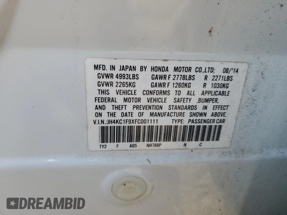 2015 Acura RLX Advance with VIN JH4KC1F9XFC001111, listed as a Copart auction lot 76793314 with 21,957 mi miles and Salvage title. Bid and sale history available at DreamBid. Image 14.
