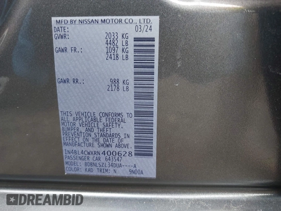 2024 Nissan Altima 2.5 SR with VIN 1N4BL4CWXRN400628, listed as a IAAI auction lot 41861082 with 8,199 mi miles. Bid and sale history available at carsss.com. Image 9.