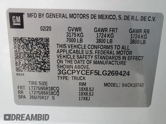 2020 Chevrolet Silverado 1500 Custom Trail Boss with VIN 3GCPYCEF5LG269424, listed as a Copart auction lot 47795493 with 64,297 mi miles and Salvage Title. Bid and sale history available at DreamBid. Image 12.