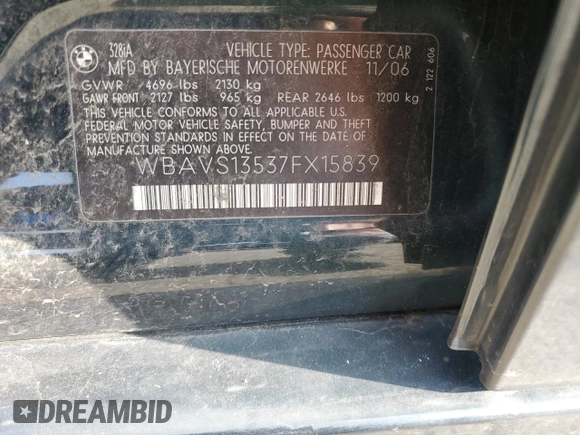 2007 BMW 3 Series 328i with VIN WBAVS13537FX15839, listed as a Copart auction lot 66952054 with 211,112 mi miles and Salvage Title. Bid and sale history available at carsss.com. Image 14.