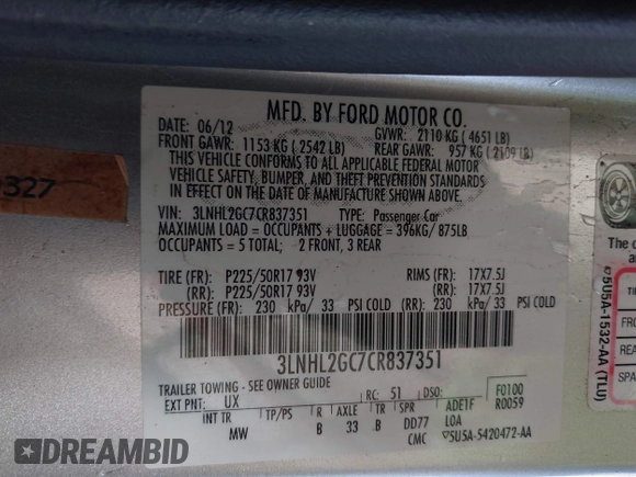 2012 Lincoln MKZ with VIN 3LNHL2GC7CR837351, listed as a IAAI auction lot 41906599 with 146,132 mi miles and . Bid and sale history available at DreamBid. Image 9.