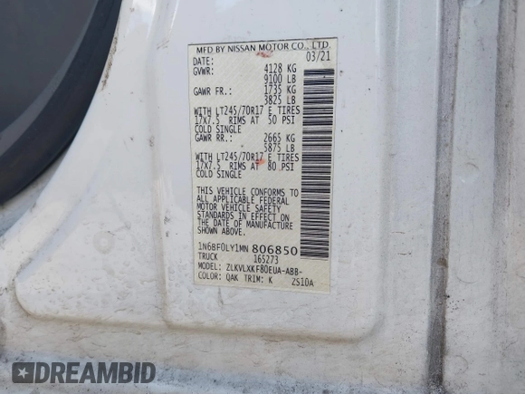 2021 Nissan NV Cargo SV z VIN 1N6BF0LY1MN806850, wystawiony jako IAAI lot #41500860 z przebiegiem 94 928 mil mil oraz . Historia ofert i sprzedaży dostępna na DreamBid. Obrazek 9.