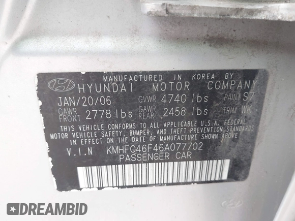 2006 Hyundai Azera SE z VIN KMHFC46F46A077702, wystawiony jako IAAI lot #42088782 z przebiegiem 103 033 mil mil oraz . Historia ofert i sprzedaży dostępna na DreamBid. Obrazek 9.