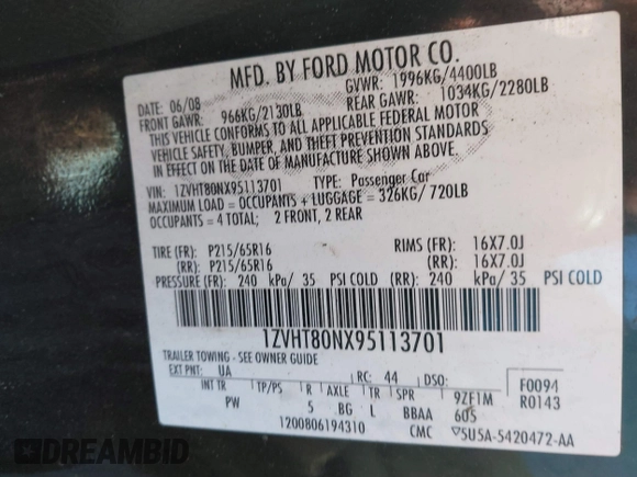 2009 Ford Mustang with VIN 1ZVHT80NX95113701, listed as a IAAI auction lot 42028558 with 100,224 mi miles and . Bid and sale history available at carsss.com. Image 7.