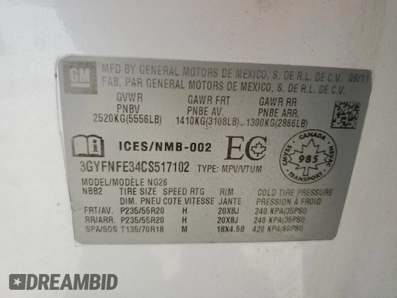 2012 Cadillac SRX Premium Collection with VIN 3GYFNFE34CS517102, listed as a Copart auction lot 60483155 with 111,770 mi miles and Salvage title. Bid and sale history available at DreamBid. Image 13.