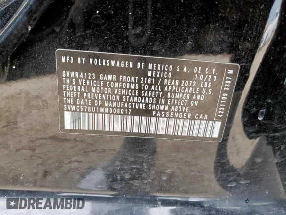 2021 Volkswagen Jetta S with VIN 3VWC57BU1MM008017, listed as a Copart auction lot 58921015 with 95,561 mi miles and Salvage title. Bid and sale history available at DreamBid. Image 13.
