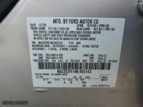 2021 Ford EcoSport S with VIN MAJ3S2FE1MC405543, listed as a Copart auction lot 48349065 with 23,171 mi miles and Salvage Title. Bid and sale history available at carsss.com. Image 13.