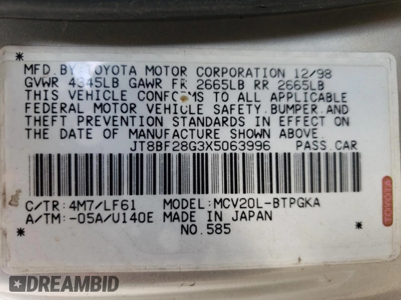 1999 Lexus ES 300 z VIN JT8BF28G3X5063996, wystawiony jako Copart lot #54093095 z przebiegiem 216 576 mil mil oraz Szkoda całkowita • Salvage title. Historia ofert i sprzedaży dostępna na DreamBid. Obrazek 12.