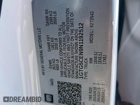 2022 GMC Canyon 2WD Elevation с VIN 1GTG5CEN9N1192512, выставлен на аукционе Copart как лот 60704925 с пробегом 34 264 миль миль и Чистый • Clean title. История ставок и продаж доступна на DreamBid. Изображение 10.