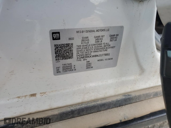 2022 Chevrolet Traverse Premier with VIN 1GNERKKW8NJ177851, listed as a Copart auction lot 85447444 with 80,476 mi miles and Salvage title. Bid and sale history available at DreamBid. Image 15.