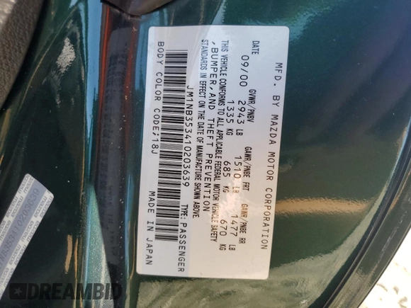2001 Mazda MX-5 Miata with VIN JM1NB353410203639, listed as a Copart auction lot 56447414 with 131,520 mi miles and Salvage Title. Bid and sale history available at DreamBid. Image 14.