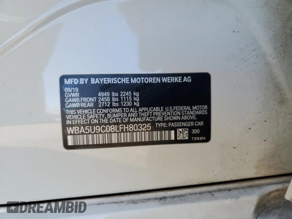 2020 BMW 3 Series M340i xDrive with VIN WBA5U9C08LFH80325, listed as a Copart auction lot 47412155 with Not Provided miles and Salvage Title. Bid and sale history available at DreamBid. Image 13.
