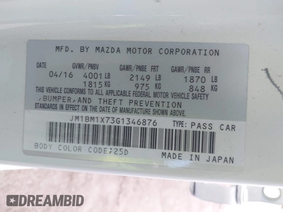 2016 Mazda 3 i Grand Touring with VIN JM1BM1X73G1346876, listed as a IAAI auction lot 40283164 with 102,264 mi miles and . Bid and sale history available at DreamBid. Image 9.