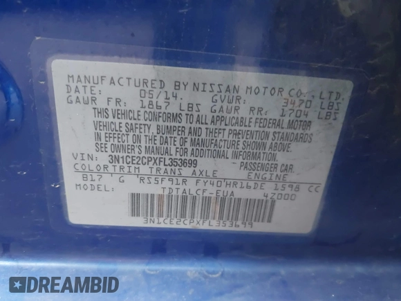 2015 Nissan Note SV with VIN 3N1CE2CPXFL353699, listed as a IAAI auction lot 42041388 with 132,132 mi miles and . Bid and sale history available at DreamBid. Image 9.