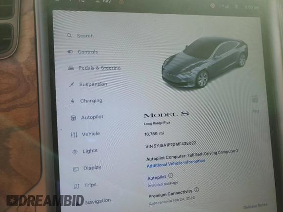2021 Tesla Model S Long Range Plus with VIN 5YJSA1E20MF425022, listed as a Copart auction lot 46169645 with 16,786 mi miles and Salvage title. Bid and sale history available at DreamBid. Image 9.