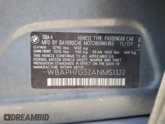 2010 BMW 3 Series 328i with VIN WBAPH7G52ANM51322, listed as a Copart auction lot 43164815 with 172,566 mi miles and Salvage Title. Bid and sale history available at carsss.com. Image 12.
