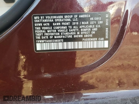 2012 Volkswagen Passat SE z VIN 1VWBP7A32CC092072, wystawiony jako Copart lot #83381494 z przebiegiem 259 949 mil mil oraz Szkoda całkowita • Salvage title. Historia ofert i sprzedaży dostępna na DreamBid. Obrazek 12.