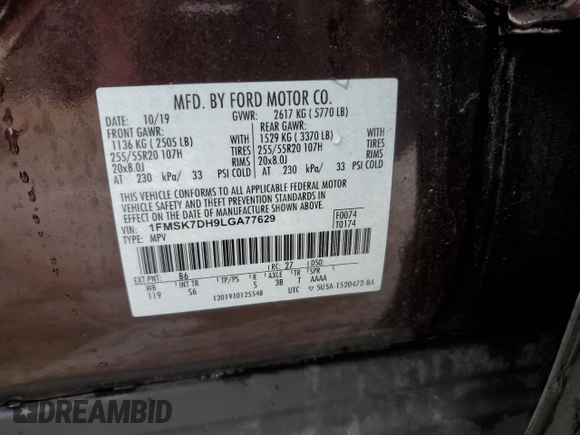 2020 Ford Explorer XLT with VIN 1FMSK7DH9LGA77629, listed as a Copart auction lot 50435725 with 77,014 mi miles and Salvage Title. Bid and sale history available at carsss.com. Image 16.