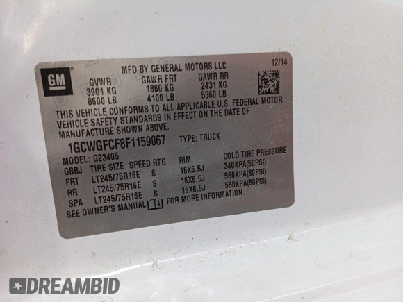 2015 Chevrolet Express Cargo with VIN 1GCWGFCF8F1159067, listed as a IAAI auction lot 42679228 with 144,659 mi miles and . Bid and sale history available at DreamBid. Image 1.
