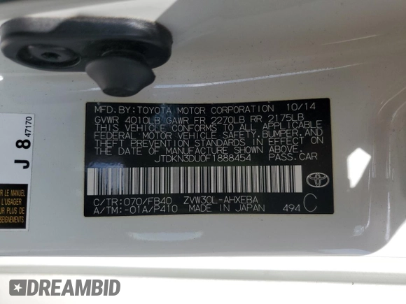 2015 Toyota Prius Four with VIN JTDKN3DU0F1888454, listed as a Copart auction lot 54849685 with 153,938 mi miles and Salvage Title. Bid and sale history available at DreamBid. Image 12.