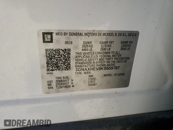 2019 Chevrolet Equinox LS with VIN 3GNAXHEV8KS659787, listed as a Copart auction lot 49732995 with 87,834 mi miles and Clean Title. Bid and sale history available at DreamBid. Image 13.