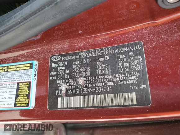 2009 Hyundai Santa Fe Limited z VIN 5NMSH13E49H287094, wystawiony jako Copart lot #57082395 z przebiegiem 258 193 mil mil oraz Szkoda całkowita • Salvage title. Historia ofert i sprzedaży dostępna na DreamBid. Obrazek 12.