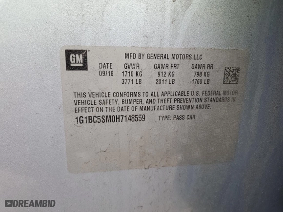 2017 Chevrolet Cruze LS with VIN 1G1BC5SM0H7148559, listed as a Copart auction lot 50540885 with 115,955 mi miles and Salvage Title. Bid and sale history available at carsss.com. Image 15.