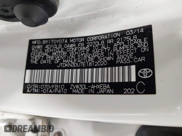 2014 Toyota Prius Four with VIN JTDKN3DU7E1812020, listed as a IAAI auction lot 42198161 with 71,026 mi miles and . Bid and sale history available at carsss.com. Image 9.