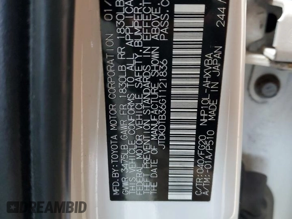 2016 Toyota Prius One with VIN JTDKDTB36G1121836, listed as a Copart auction lot 52892175 with 63,471 mi miles and Clean Title. Bid and sale history available at DreamBid. Image 12.