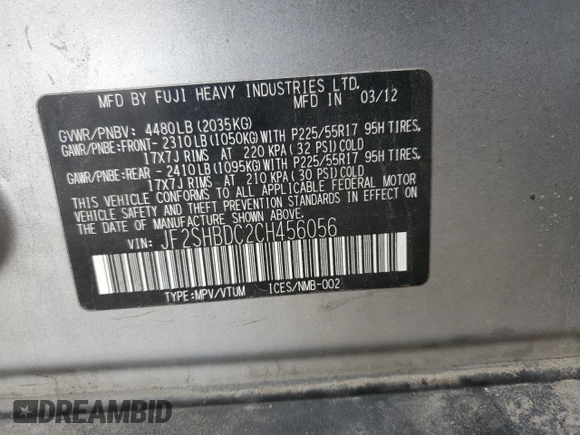 2012 Subaru Forester X Premium с VIN JF2SHBDC2CH456056, выставлен на аукционе Copart как лот 54628335 с пробегом 175 494 миль миль и Списание • Salvage title. История ставок и продаж доступна на DreamBid. Изображение 12.