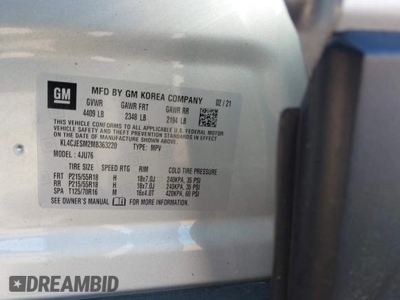 2021 Buick Encore Preferred with VIN KL4CJESM2MB363220, listed as a IAAI auction lot 41900550 with 41,205 mi miles and . Bid and sale history available at DreamBid. Image 9.
