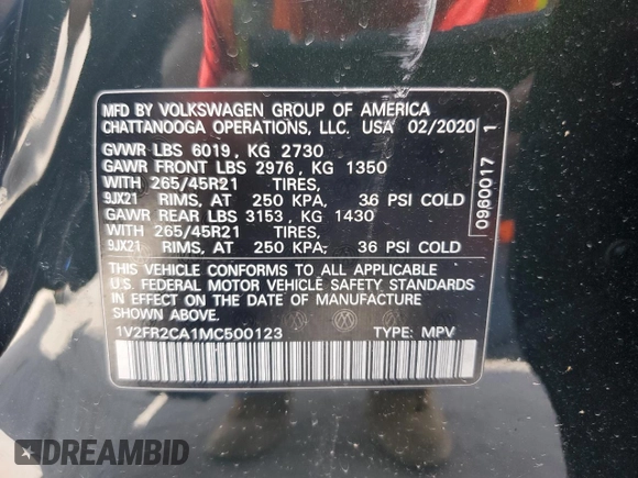 2021 Volkswagen Atlas SEL Premium R-Line with VIN 1V2FR2CA1MC500123, listed as a Copart auction lot 56912575 with 57,054 mi miles and Salvage title. Bid and sale history available at DreamBid. Image 12.