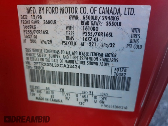 1999 Ford F-150 XL z VIN 2FTRX08L3XCA33434, wystawiony jako Copart lot #88088465 z przebiegiem 252 373 mil mil oraz Szkoda całkowita • Salvage title. Historia ofert i sprzedaży dostępna na DreamBid. Obrazek 15.