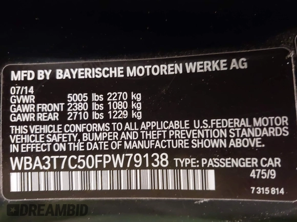 2015 BMW 4 Series 435i xDrive with VIN WBA3T7C50FPW79138, listed as a IAAI auction lot 42035944 with 96,405 mi miles and . Bid and sale history available at DreamBid. Image 9.