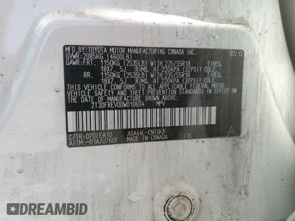 2013 Toyota RAV4 Limited with VIN 2T3DFREV0DW010604, listed as a Copart auction lot 51950055 with Not provided miles and Salvage title. Bid and sale history available at DreamBid. Image 15.