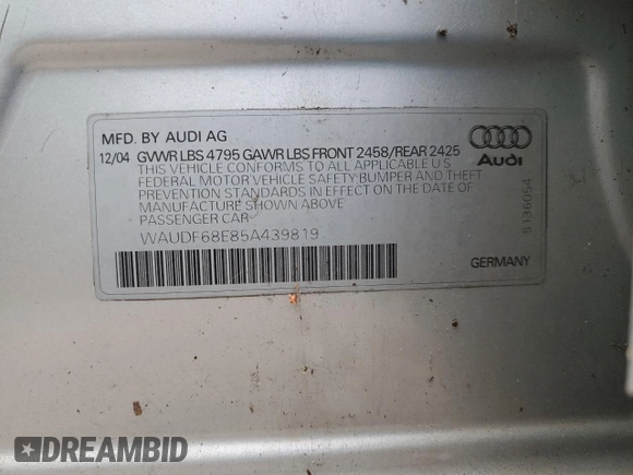 2005 Audi A4 2.0T with VIN WAUDF68E85A439819, listed as a Copart auction lot 81468104 with 87,787 mi miles and Salvage Title. Bid and sale history available at carsss.com. Image 12.