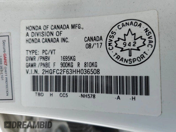 2017 Honda Civic Sedan LX with VIN 2HGFC2F63HH036508, listed as a Copart auction lot 45645455 with 156,366 mi miles and Salvage Title. Bid and sale history available at carsss.com. Image 12.