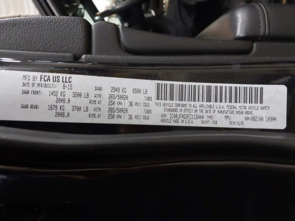 2015 Jeep Grand Cherokee Laredo with VIN 1C4RJFAG3FC115444, listed as a IAAI auction lot 41248211 with 138,828 mi miles. Bid and sale history available at carsss.com. Image 9.