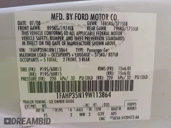 2009 Ford Focus SE with VIN 1FAHP35N19W113864, listed as a IAAI auction lot 42196830 with 192,998 mi miles. Bid and sale history available at carsss.com. Image 9.