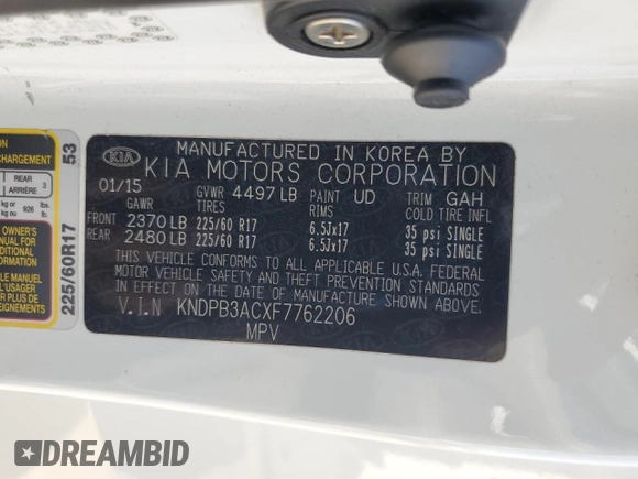 2015 Kia Sportage LX with VIN KNDPB3ACXF7762206, listed as a Copart auction lot 50105285 with 216,190 mi miles and Salvage Title. Bid and sale history available at DreamBid. Image 15.